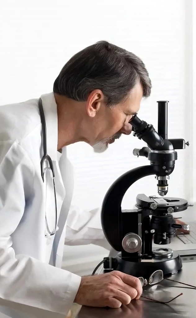 Scientist analyzing Sugar Harmony formula under microscope